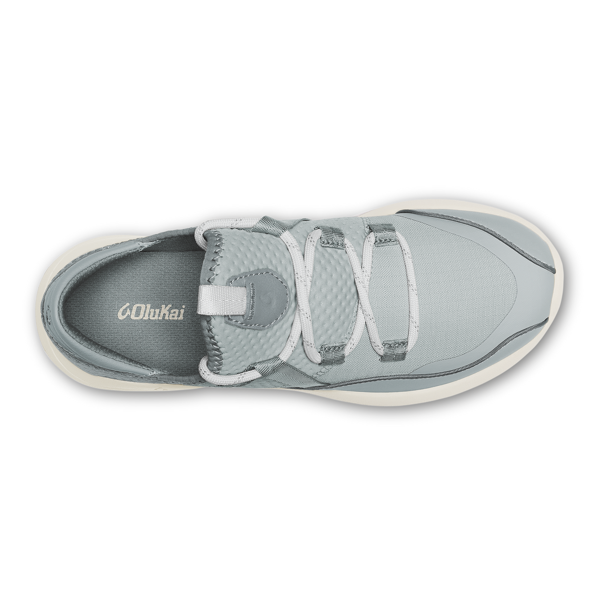Cloud grey and white athletic shoe with three hook-and-loop straps and cream-colored sole, viewed from above.