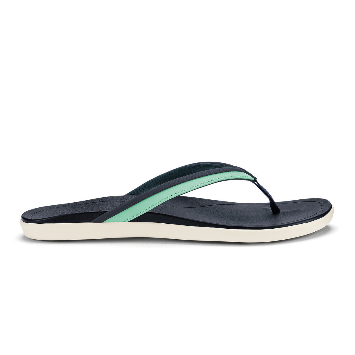 Navy and mint green thong sandal with cream-colored sole.