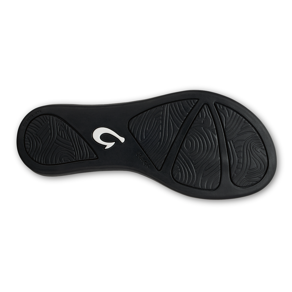 Black sandal sole with textured tread pattern and white logo detail.