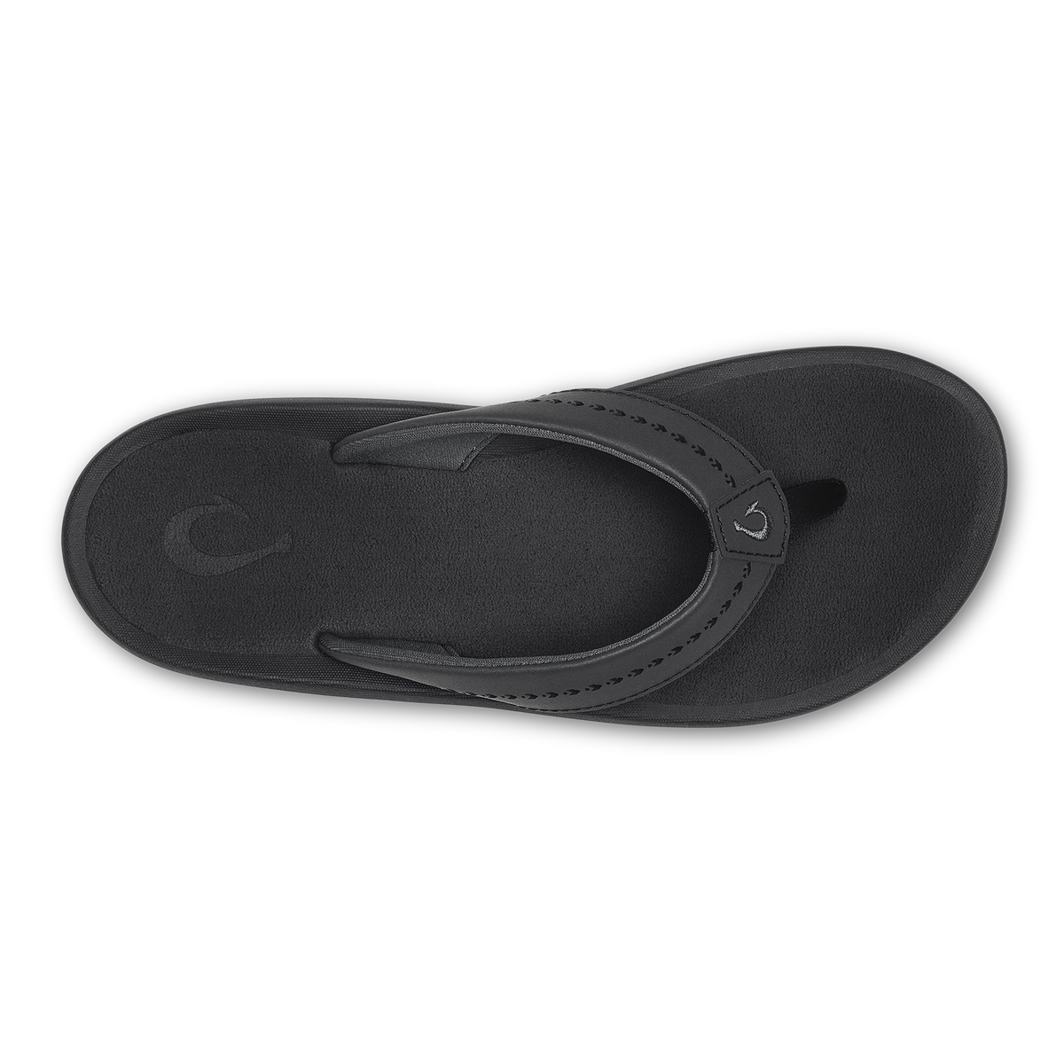 Black thong sandal with textured footbed and stitched strap detail, shown from above.