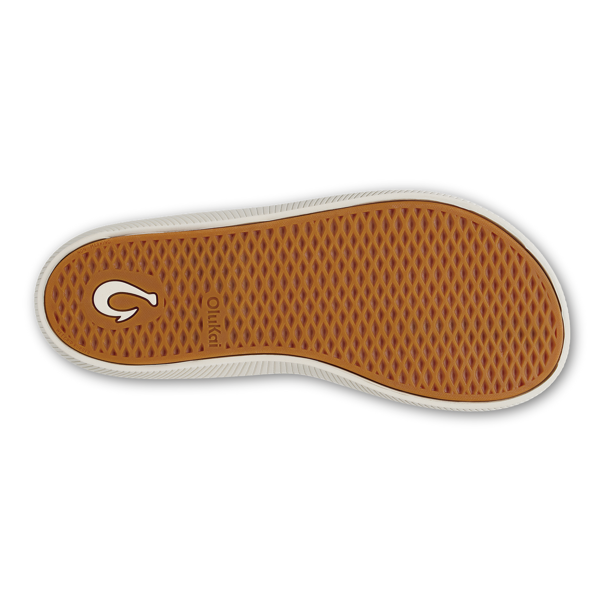 Tan and cream shoe sole with textured pattern and white edge trim.
