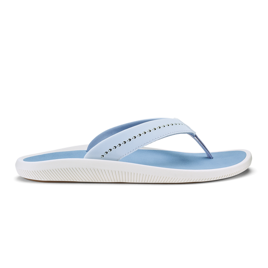 Blue and white flip-flop sandal with studded strap and textured white sole.