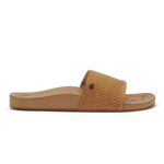 Tan slide sandal with woven herringbone pattern upper and flat sole.