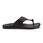 Black thong sandal with padded upper strap and cushioned footbed against white background.