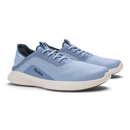 Light blue mesh running shoe with white midsole and dark blue heel accent.