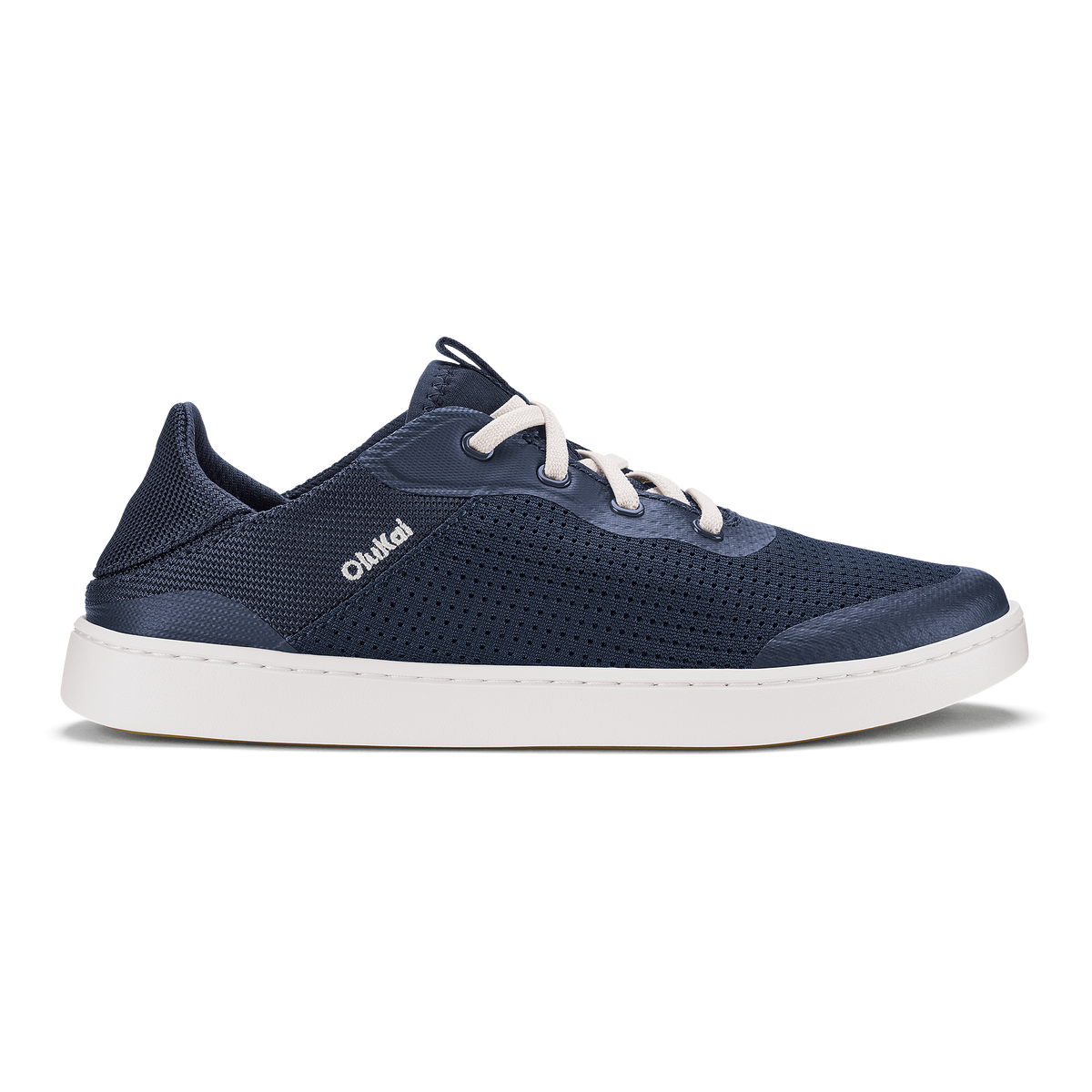 Trench blue perforated sneaker with white laces and white sole, viewed from the side.