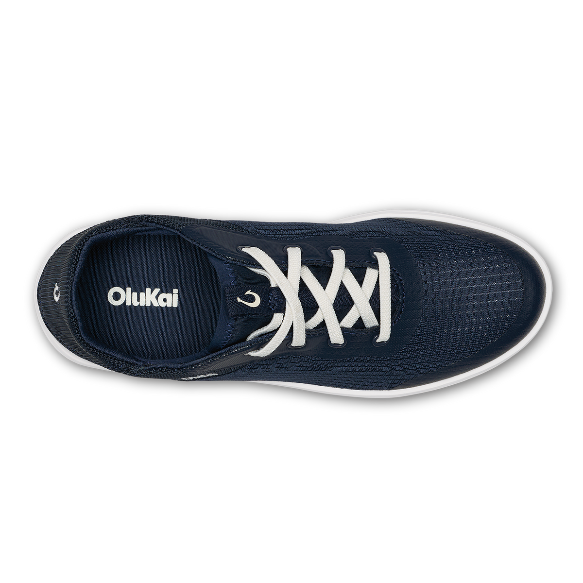 Dark blue OluKai sneaker with white laces and white sole, shown from above.