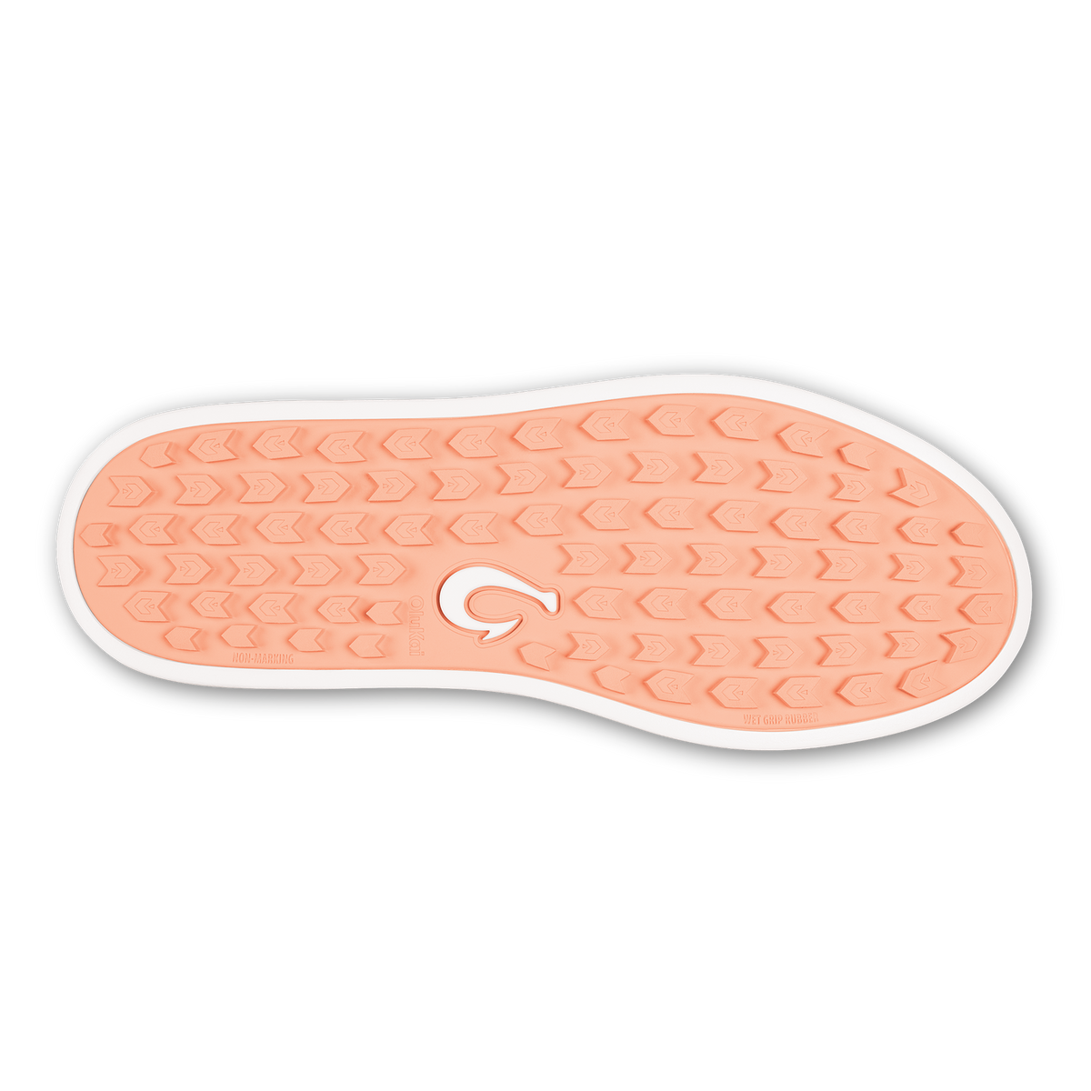 Cantalope and white shoe sole with textured chevron pattern and white logo.