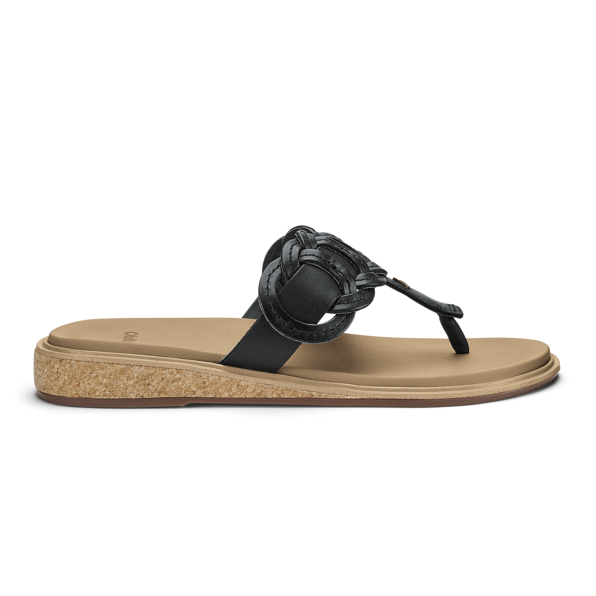 Black and warm sand flip-flop sandal with decorative knot detail and cork-textured sole.