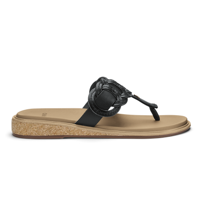 Black and warm sand flip-flop sandal with decorative knot detail and cork-textured sole.