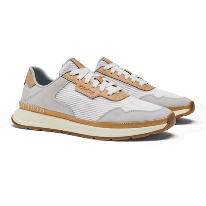 White and tan lace-up sneaker with mesh upper, suede accents, and cream rubber sole.