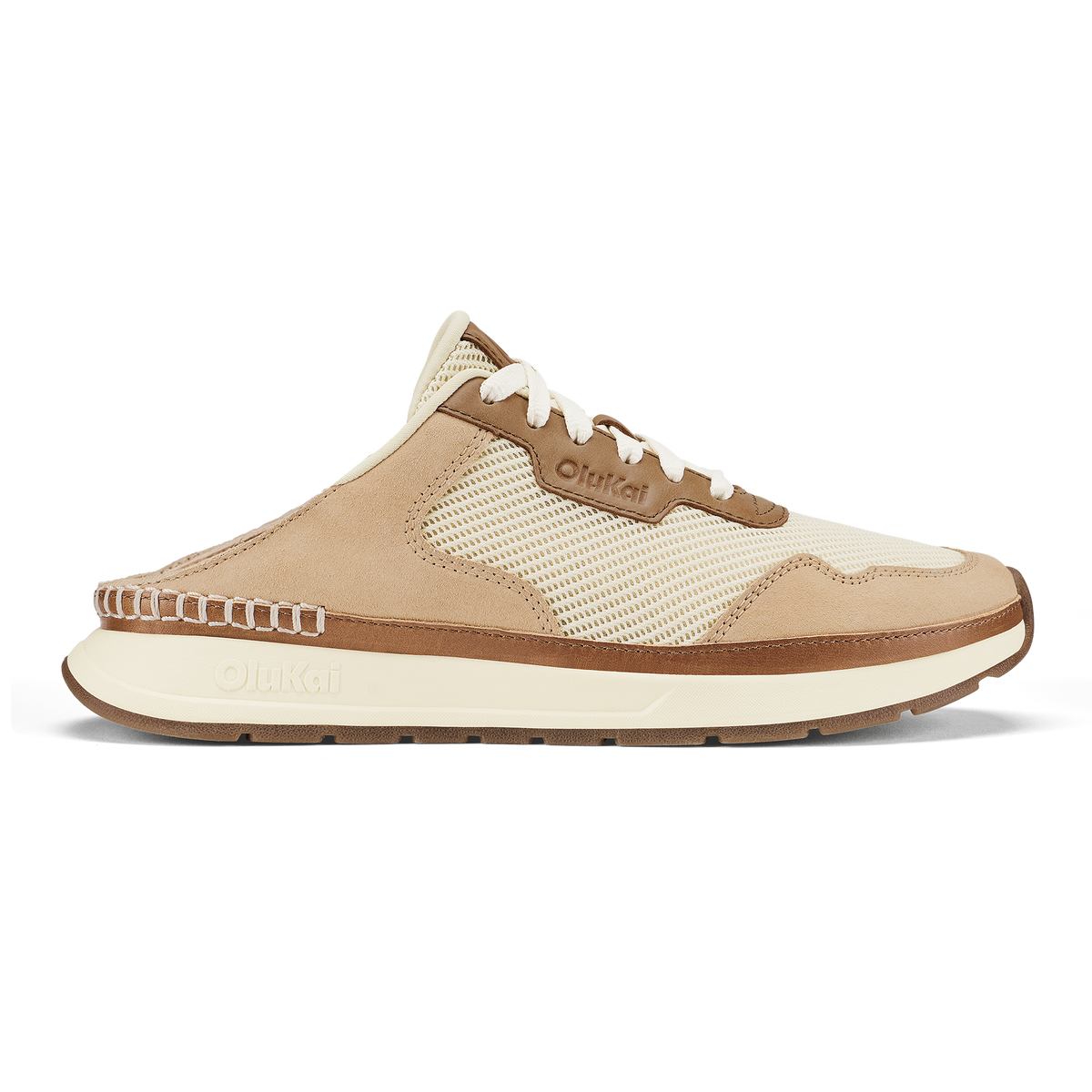 Koke mule-style sneaker in white sand and tan with mesh panel, white laces, and cream sole.