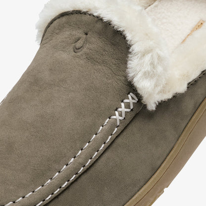 Walnut suede slipper with white fur lining and white cross-stitch detailing along the sole.