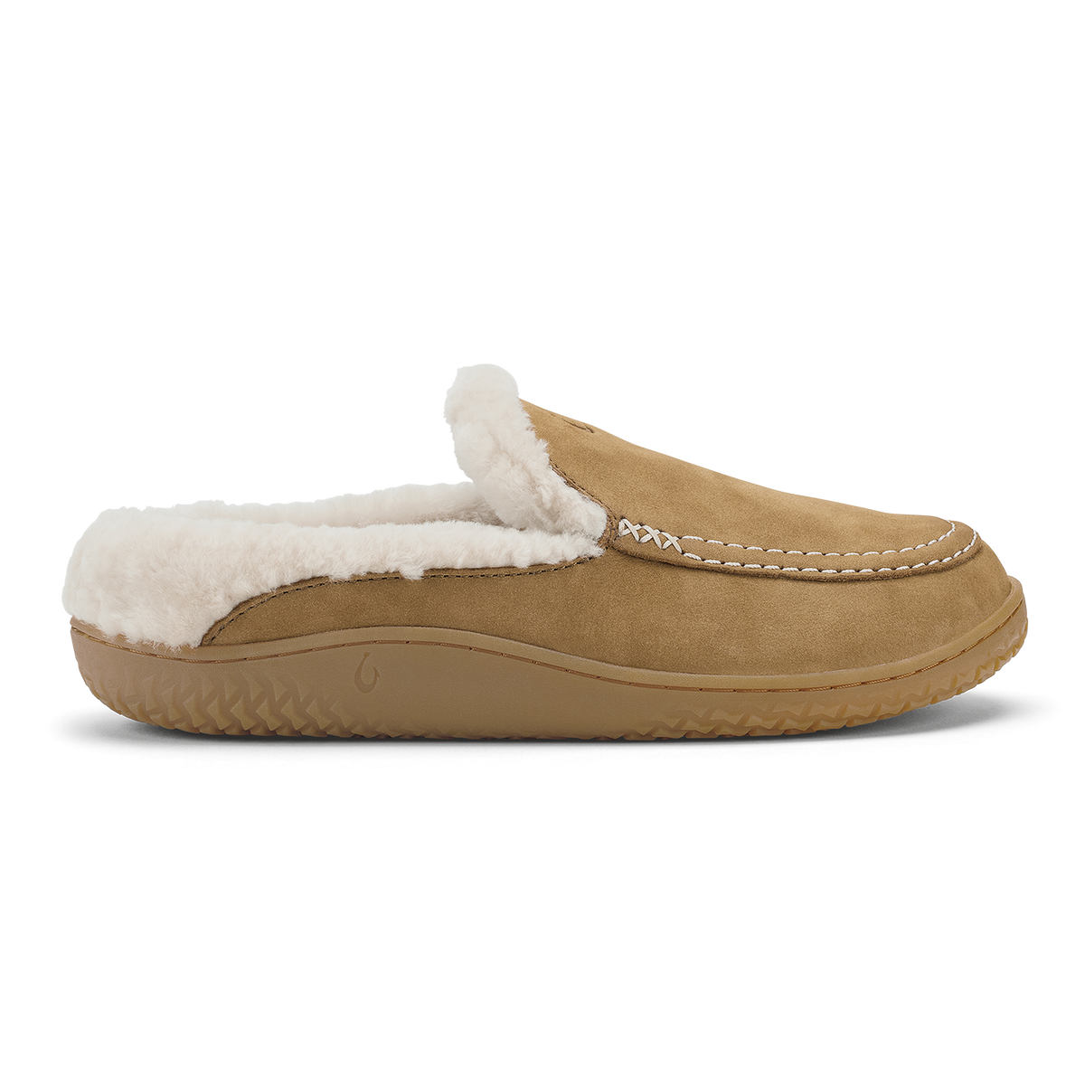 Tan suede moccasin slipper with white fleece lining and stitched detailing.