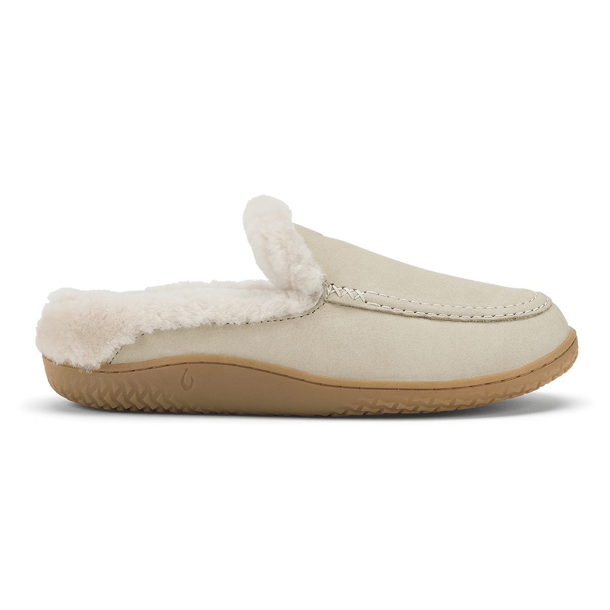 Ecru suede loafer slipper with fleece lining and tan rubber sole, shown in profile view.