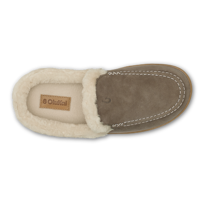 Walnut suede slipper with cream fleece lining and white contrast stitching, top view.