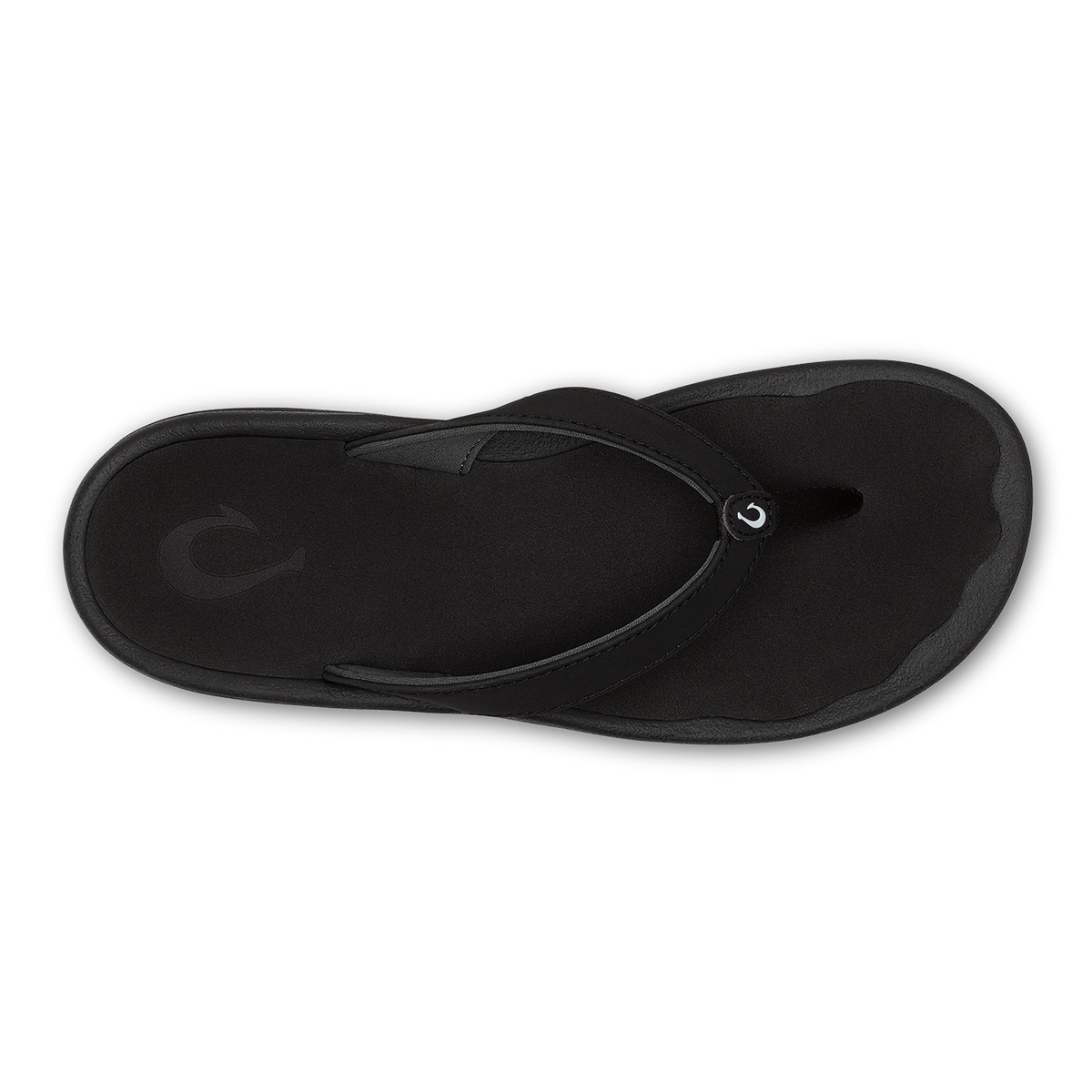 Black flip-flop sandal with curved straps and rounded toe post, shown from above.