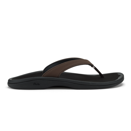 Black flip-flop sandal with dark brown leather thong strap and curved sole.