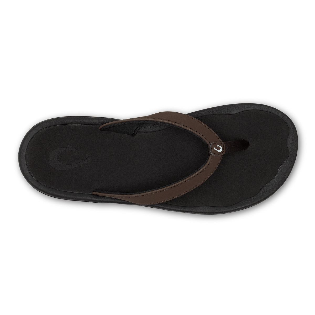 Black flip-flop with dark brown leather thong strap and metallic accent detail, viewed from above.