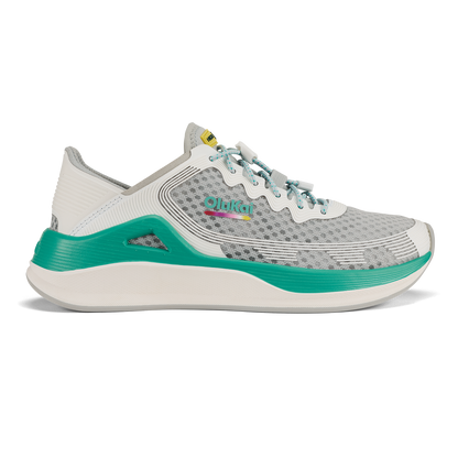 Cloud grey and bright white running shoe with green midsole and teal laces, shown from the side.