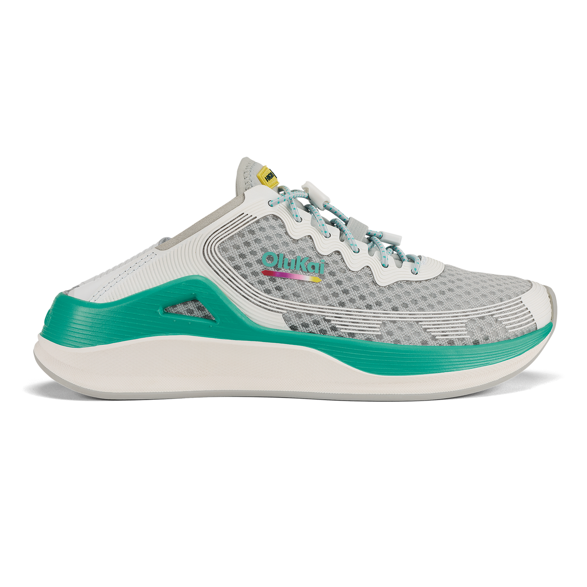 Grey and white running shoe with teal accent midsole and laces.