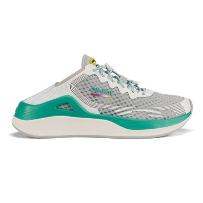 Grey and white running shoe with teal accent midsole and laces.