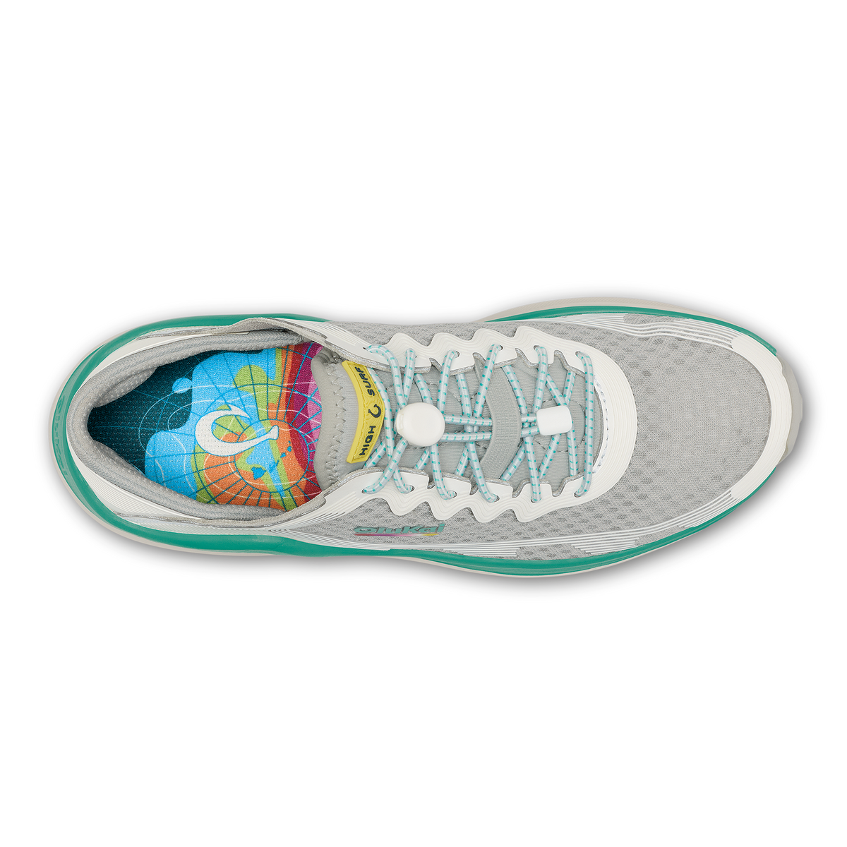 Ahi sneaker in cloud grey and bright white with turquoise trim, shown from above with laces and colorful insole visible.