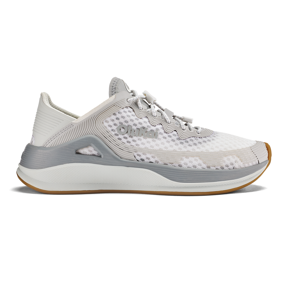 White and gray lace-up running shoe with mesh upper, cushioned midsole, and gum rubber outsole shown in side view.