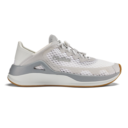 White and gray lace-up running shoe with mesh upper, cushioned midsole, and gum rubber outsole shown in side view.