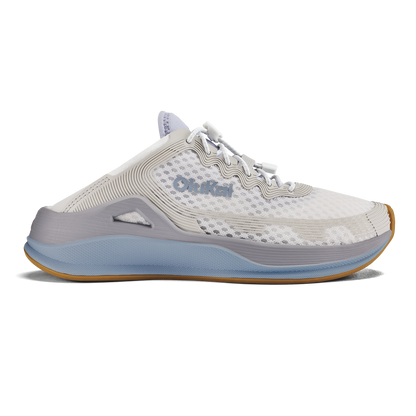 White and light blue athletic running shoe with mesh upper and cushioned sole, shown in side profile.