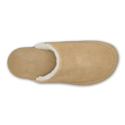 Tan suede slipper with white fleece lining, shown from above.