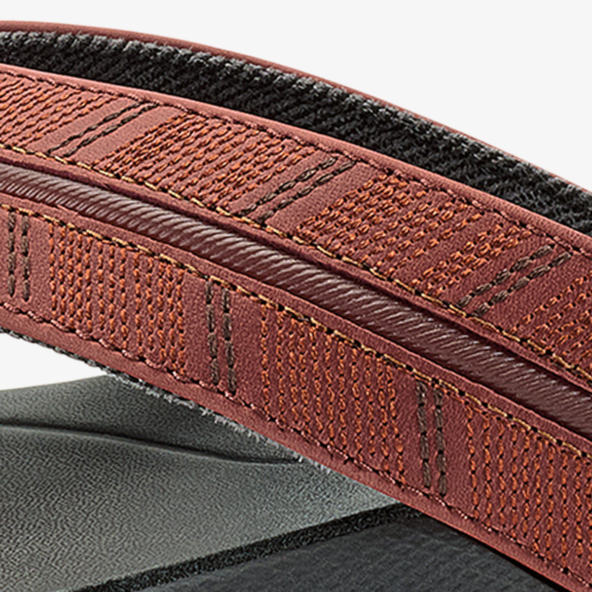 Closeup of layered textile straps with rust, black, and gray woven patterns and embroidered details.