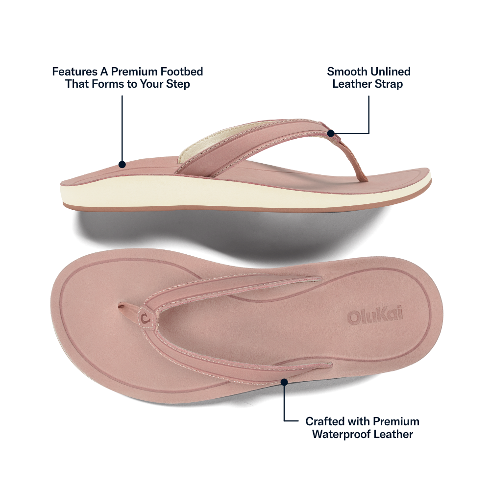 Soft pink leather thong sandal with cream footbed and smooth leather strap, shown from side and sole views.