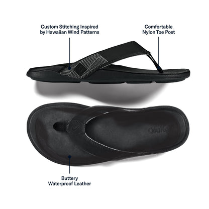 Black thong sandal with woven strap featuring Hawaiian-inspired stitching pattern and nylon toe post, shown from top and bott