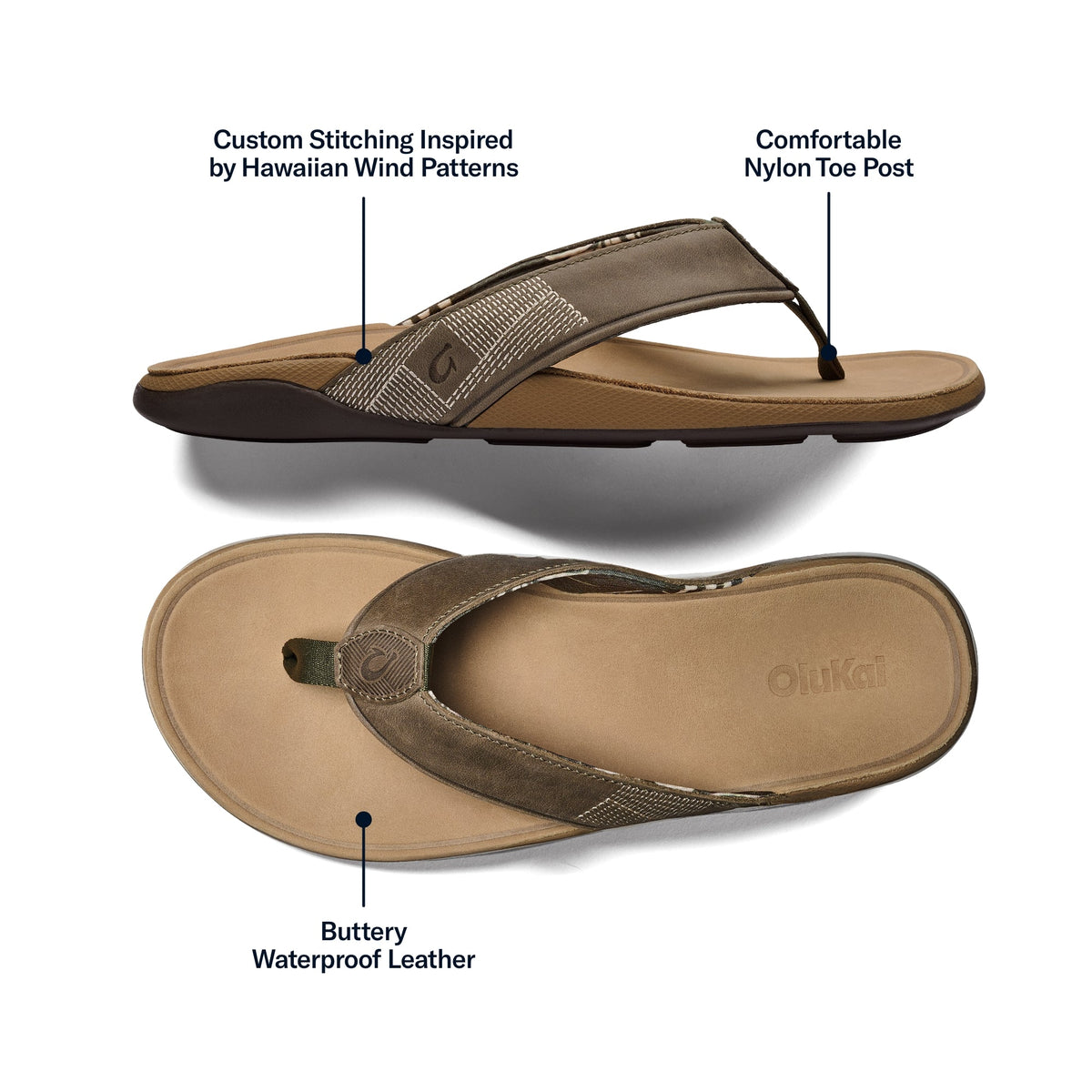 Brown and tan flip-flop sandal with nylon toe post and patterned strap, shown from top and bottom views.