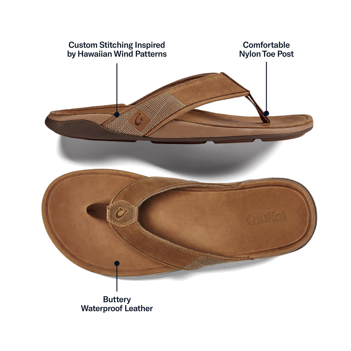 Tan leather thong sandal with textured strap and nylon toe post shown from side and bottom views.